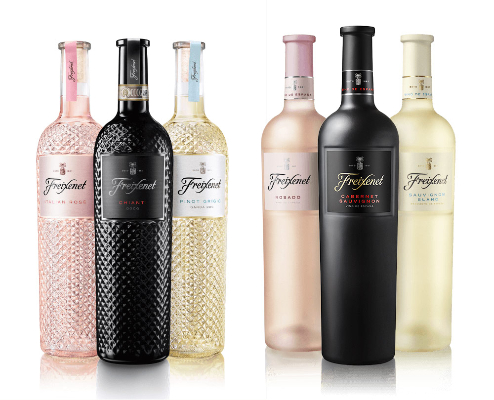 Spanish and Italian ranges, a total of six bottles, three faceted, and three frosted. Each group has one black, one white, and one pink bottle.