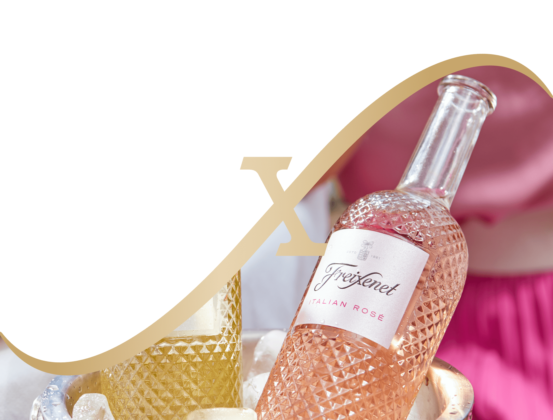 Two faceted bottles of Freixenet alcohol removed, one white and one rosé.