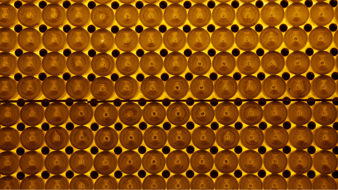 An array of white wine bottles seen from below in a grid.