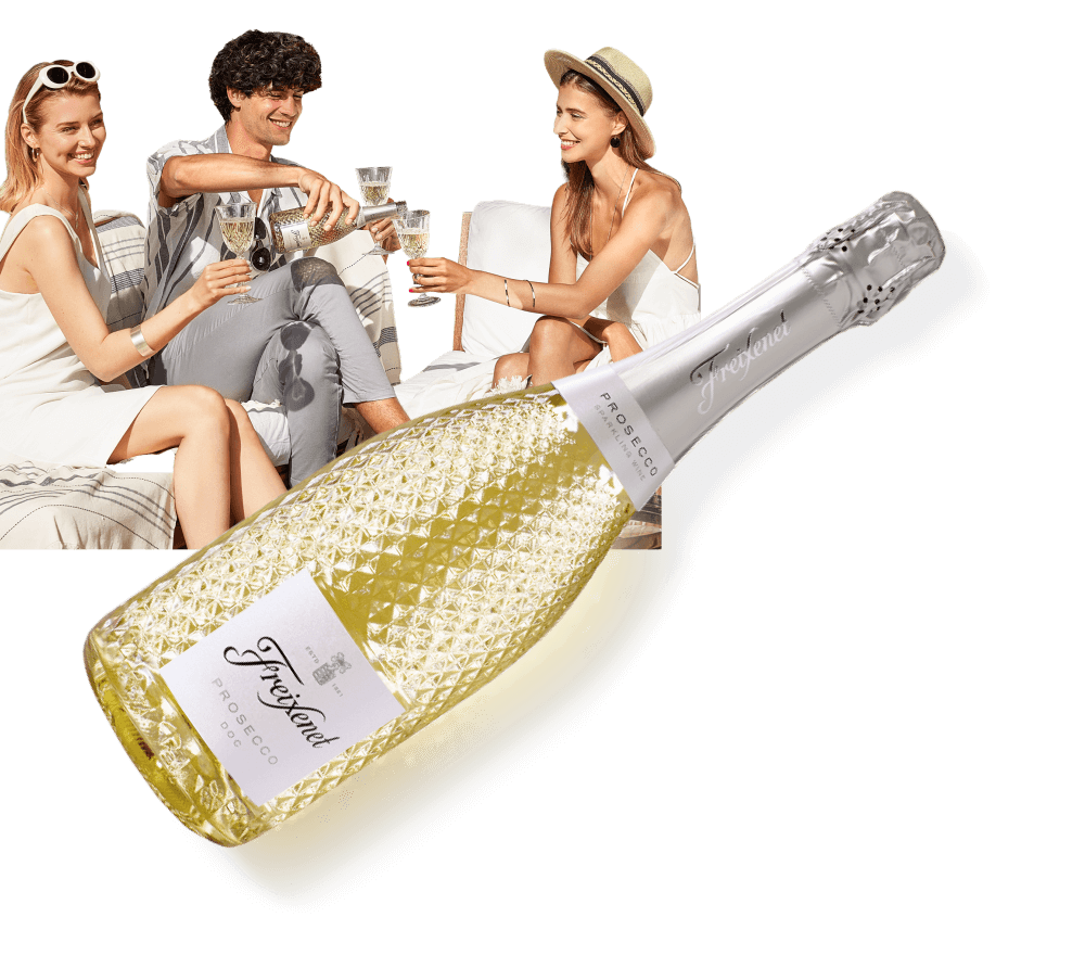Two young women and a man dressed in slightly retro attire apropos of a picnic, seated with a faceted bottle of Prosecco superimposed on top of them. 