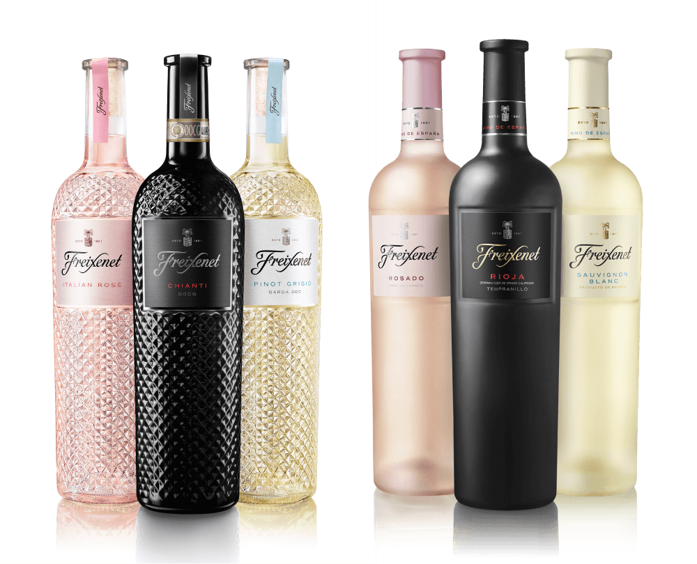 Spanish and Italian ranges, a total of six bottles, three faceted, and three frosted. Each group has one black, one white, and one pink bottle.