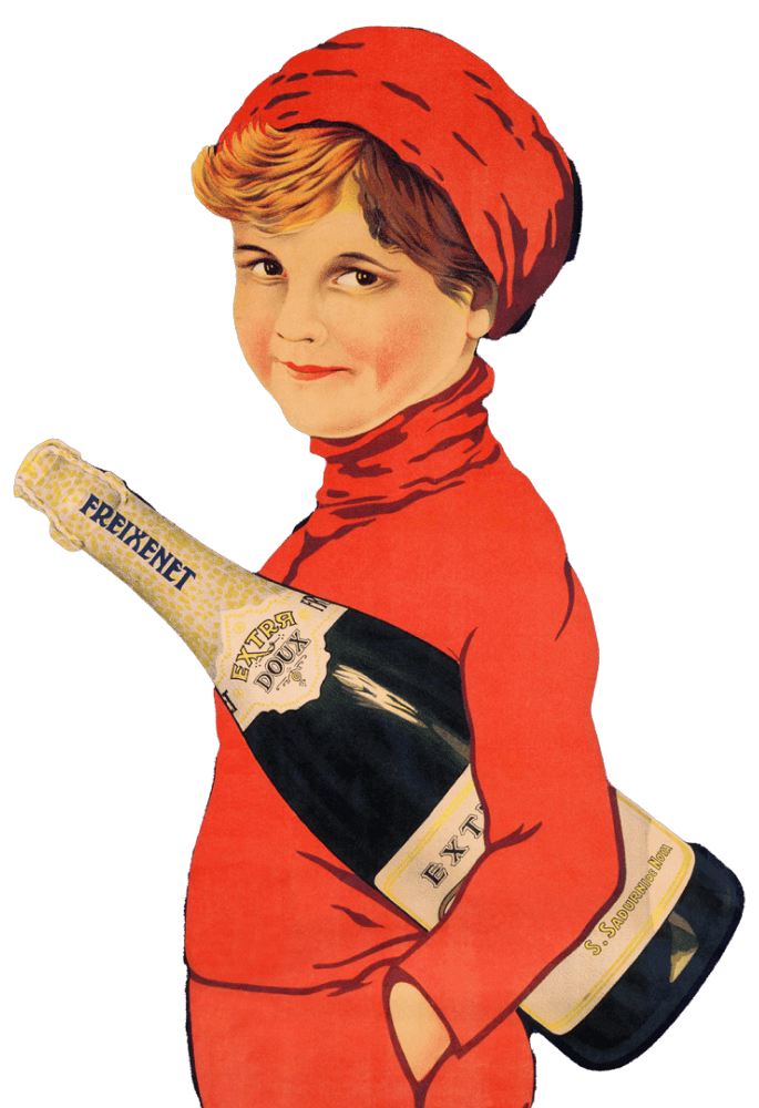 Freixenet boy, a stylized depiction of a young boy with an oversized bottle of Freixenet under his arm, as though it were a loaf of bread.