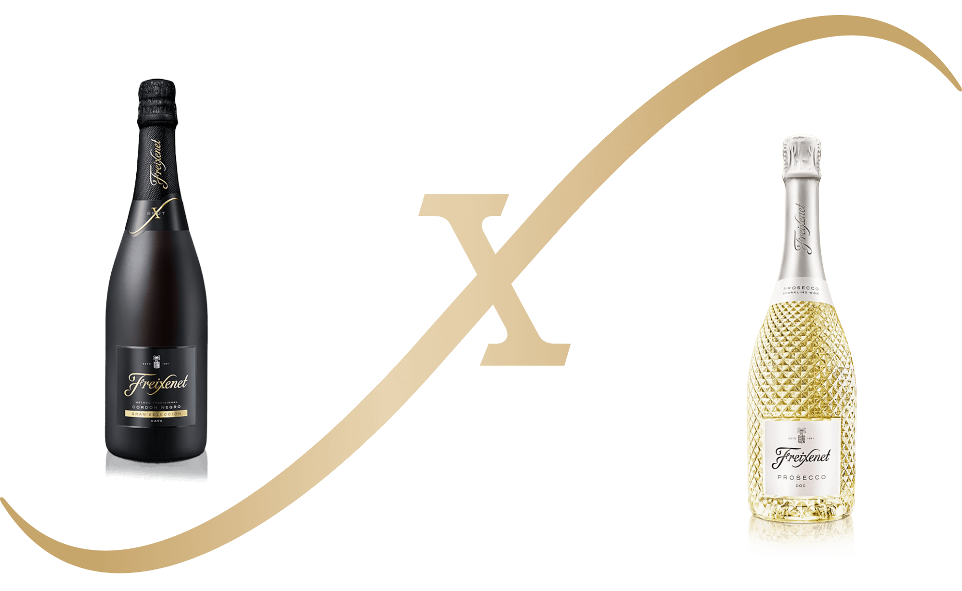 Black Cava bottle and a Transparent faceted Prosecco bottle.